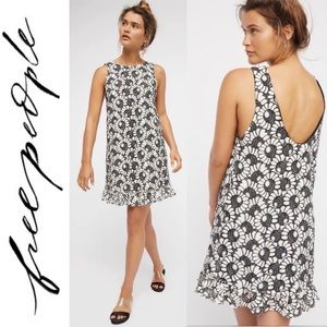 Free People Loretta Mini Dress Black White Floral Daisy Embroidered Ruffle Hem